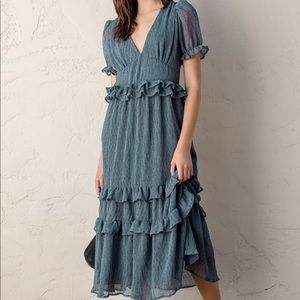 NWT Lulu’s Know Your Heart Dusty Blue Polka Dot Ruffled Midi Dress